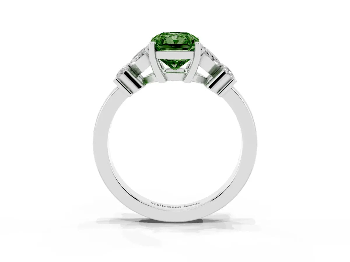 Fancy Green Radiant Cut Diamond Floral Cluster Ring with Solitaire Band and Prong Setting Platinum