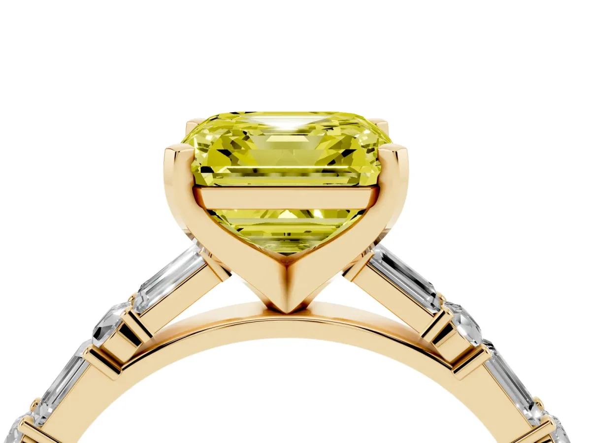 Fancy Yellow Asscher Cut Diamond Solitaire with Side Baguettes and Channel Set Band Yellow gold