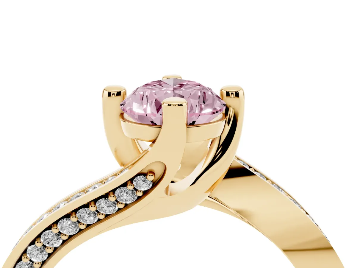Fancy Pink Pear Cut Solitaire Diamond Twist Band with Pavé Setting and Four-Prong Setting Yellow gold