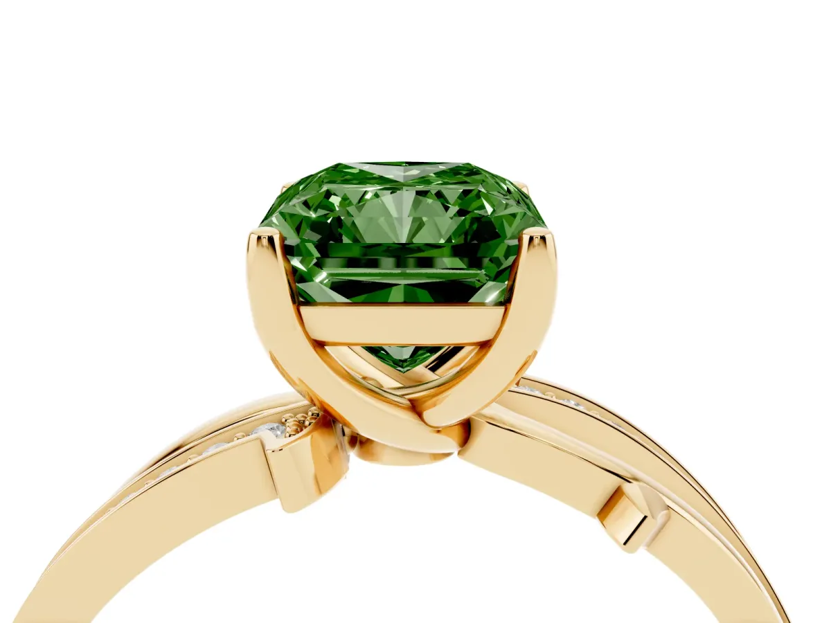 Fancy Green Radiant Cut Solitaire Twist Band with Pavé Accents and Four-Prong Setting Yellow gold