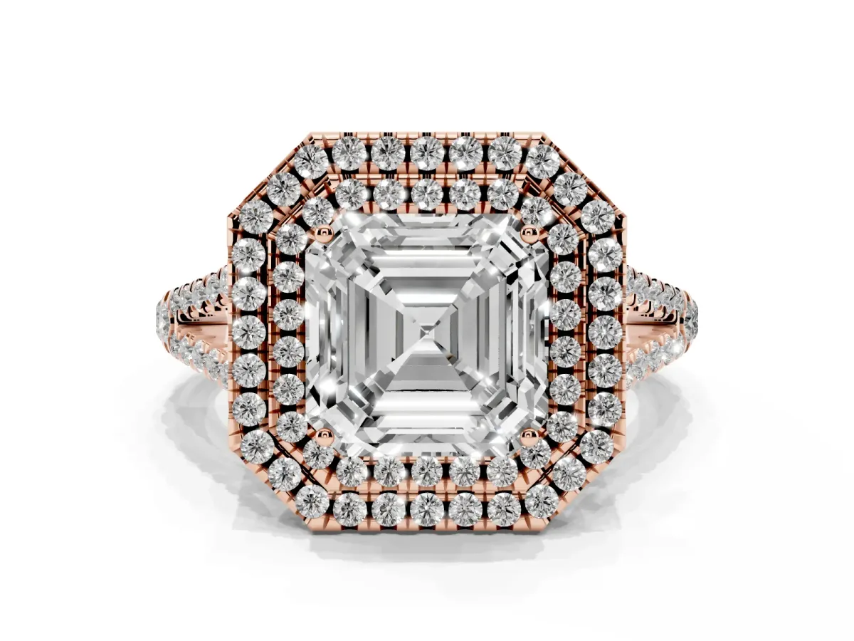 Asscher Cut Diamond Double Halo Ring with Pavé Band and Prong Setting Rose gold