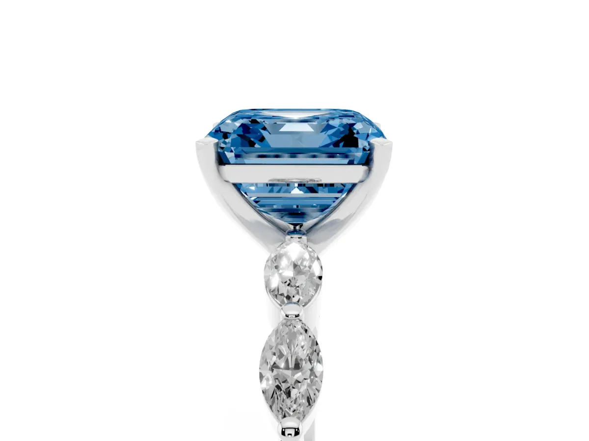 Fancy Blue Asscher Cut Diamond Ring with Marquise Side Stones and Prong Setting Silver