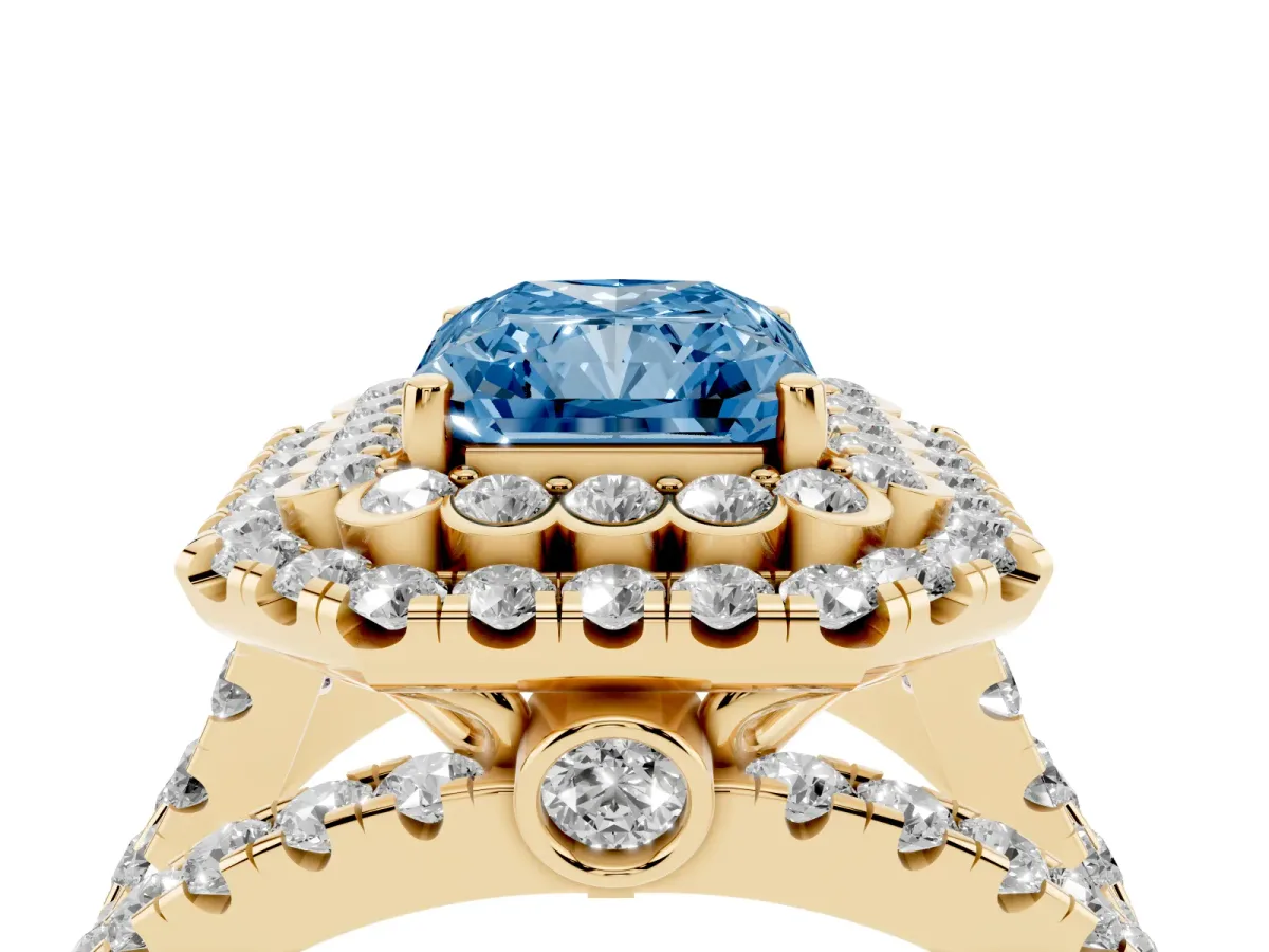 Fancy Blue Radiant Cut Diamond Double Halo Ring with Round Pavé Split Shank and Prong Setting Yellow gold