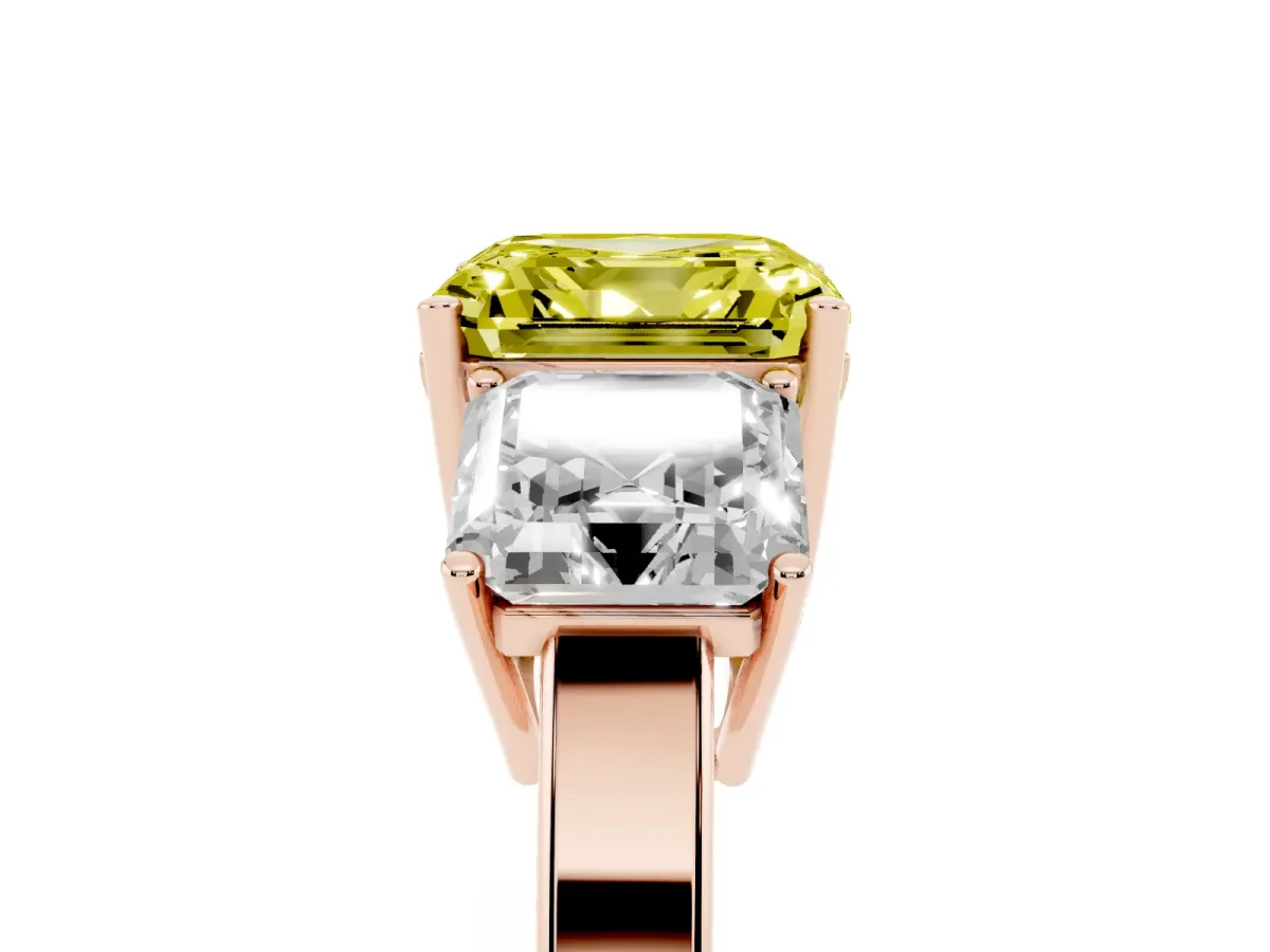 Fancy Yellow Three-Stone Asscher Cut Cut Diamond Engagement Ring with Flat Band and Four-Prong Setting Rose gold