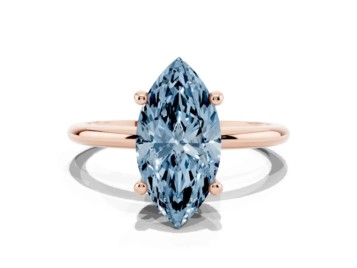Fancy Blue Marquise Cut Solitaire Diamond Ring with 4-Prong Setting on a Classic Band Rose gold