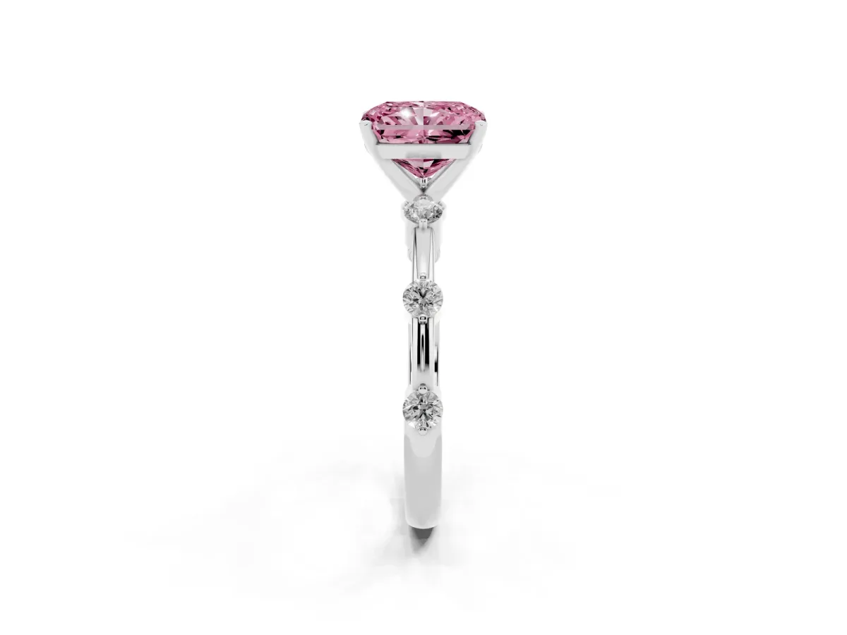 Fancy Pink Radiant Cut Solitaire Diamond Ring with Bezel Set Side Stones and Prong Setting Silver