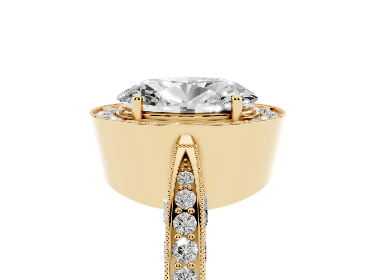 Oval Cut Halo Diamond Engagement Ring with Split Shank Band and Four-Prong Setting Yellow gold