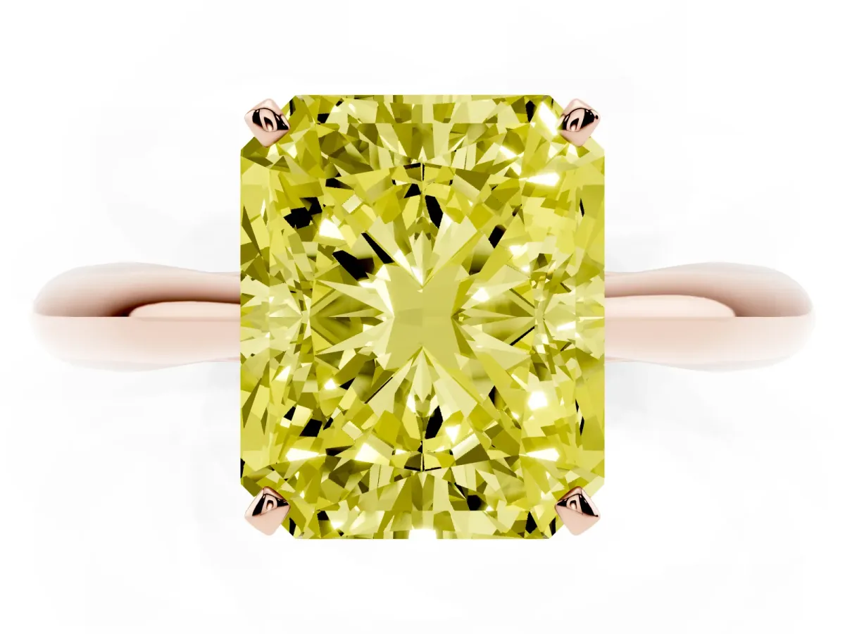 Fancy Yellow Radiant Cut Diamond Solitaire Engagement Ring with Cathedral Setting and Four-Prong Mount Rose gold
