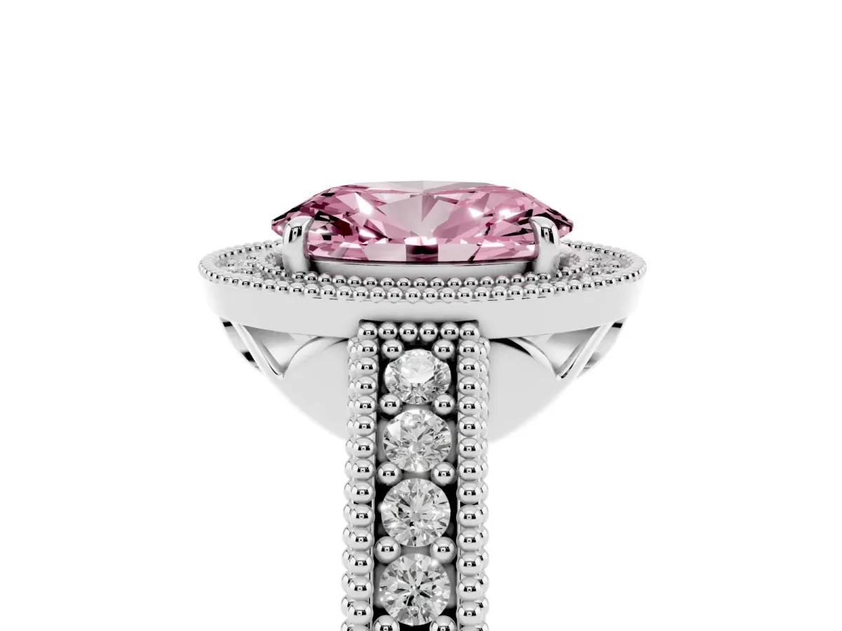 Fancy Pink Oval Cut Cut Halo Diamond Ring with Pavé Band and Four-Prong Setting Silver