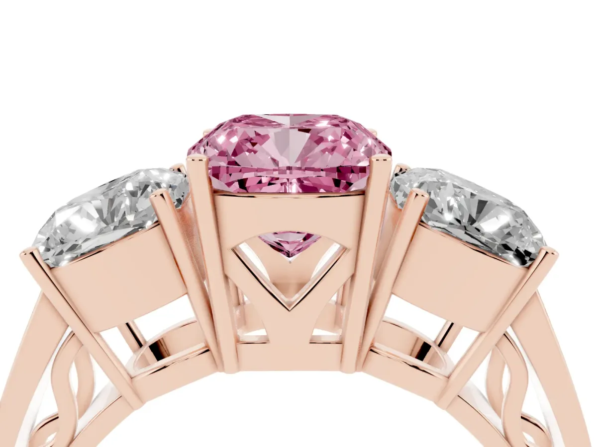 Fancy Pink Cushion Cut Diamond Three-Stone Ring with Prong Setting and Textured Band Rose gold