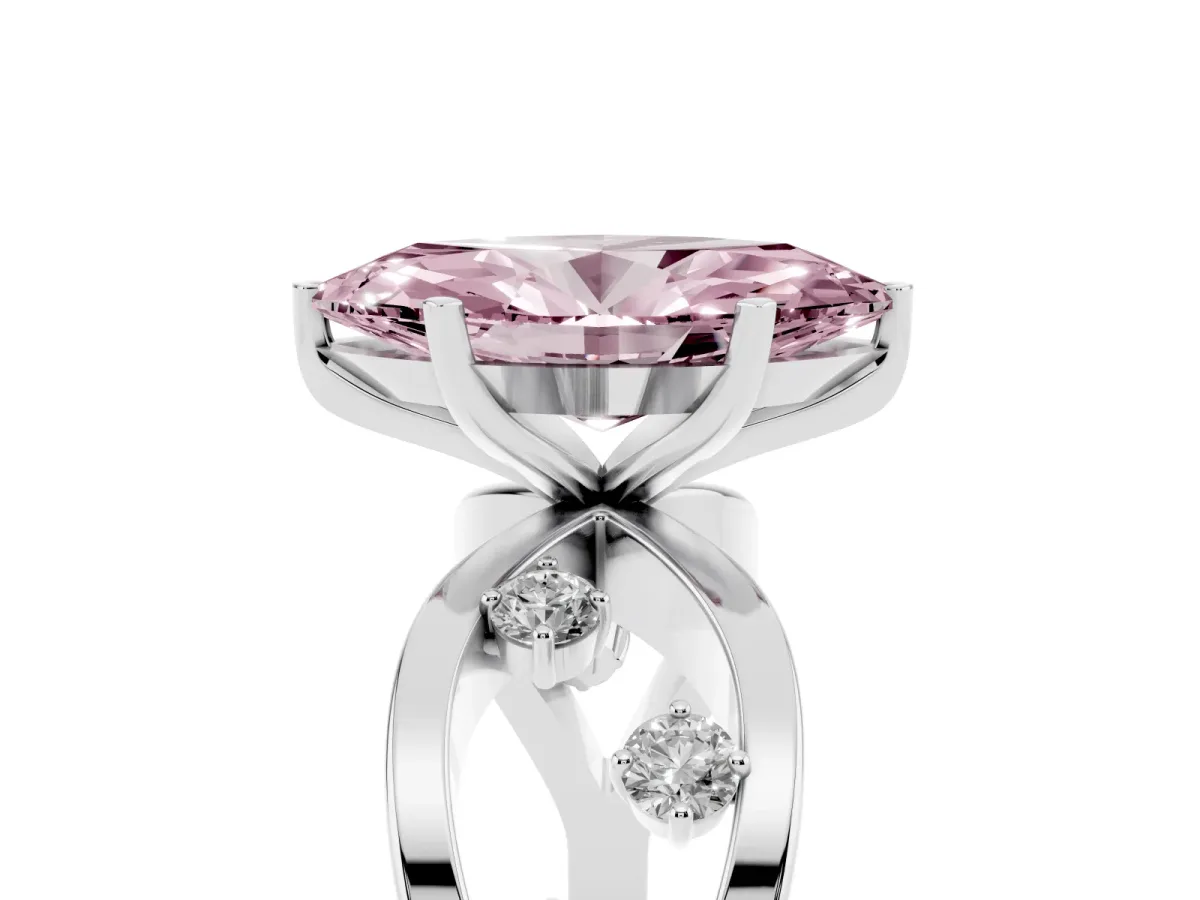 Fancy Pink Marquise Cut Cut Solitaire Diamond with Side Stones on Criss-Cross Band and Four-Prong Setting Platinum