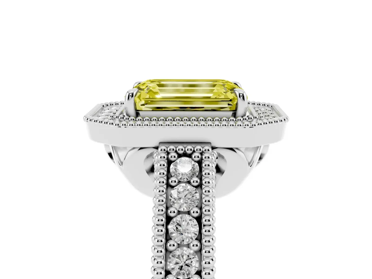 Fancy Yellow Emerald Cut Cut Halo Diamond Ring with Pavé Band and Four-Prong Setting White gold
