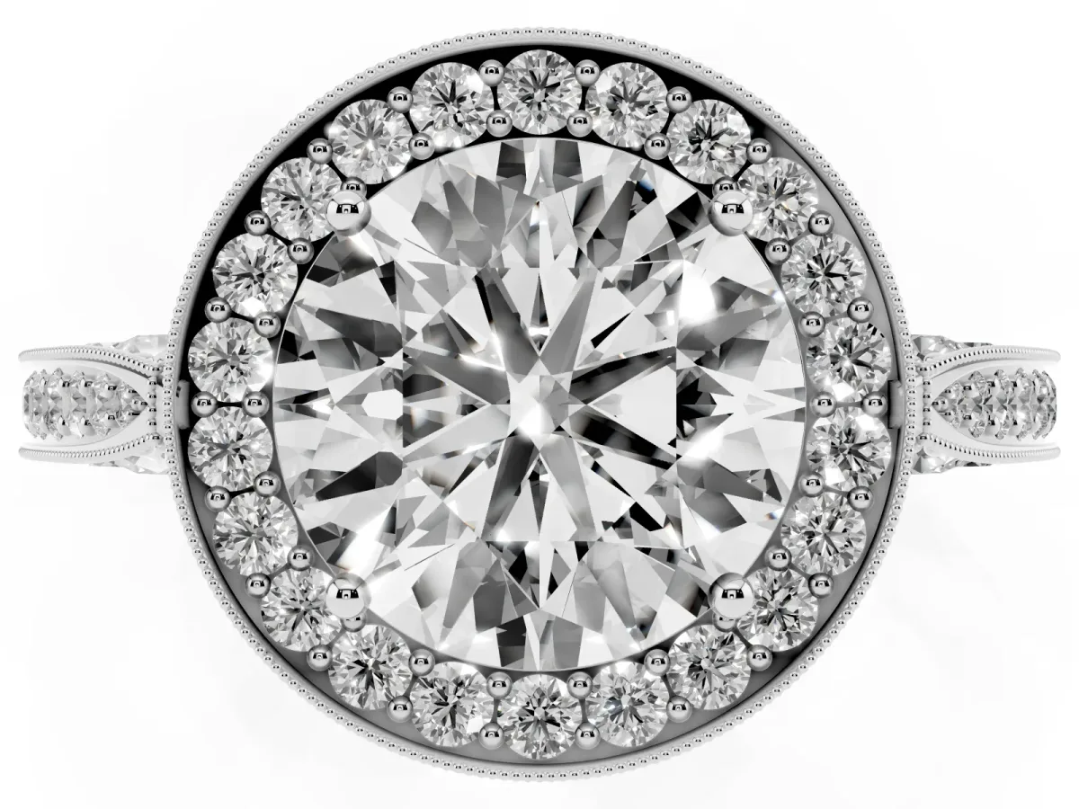 Round Cut Halo Diamond Engagement Ring with Split Shank Band and Four-Prong Setting Silver