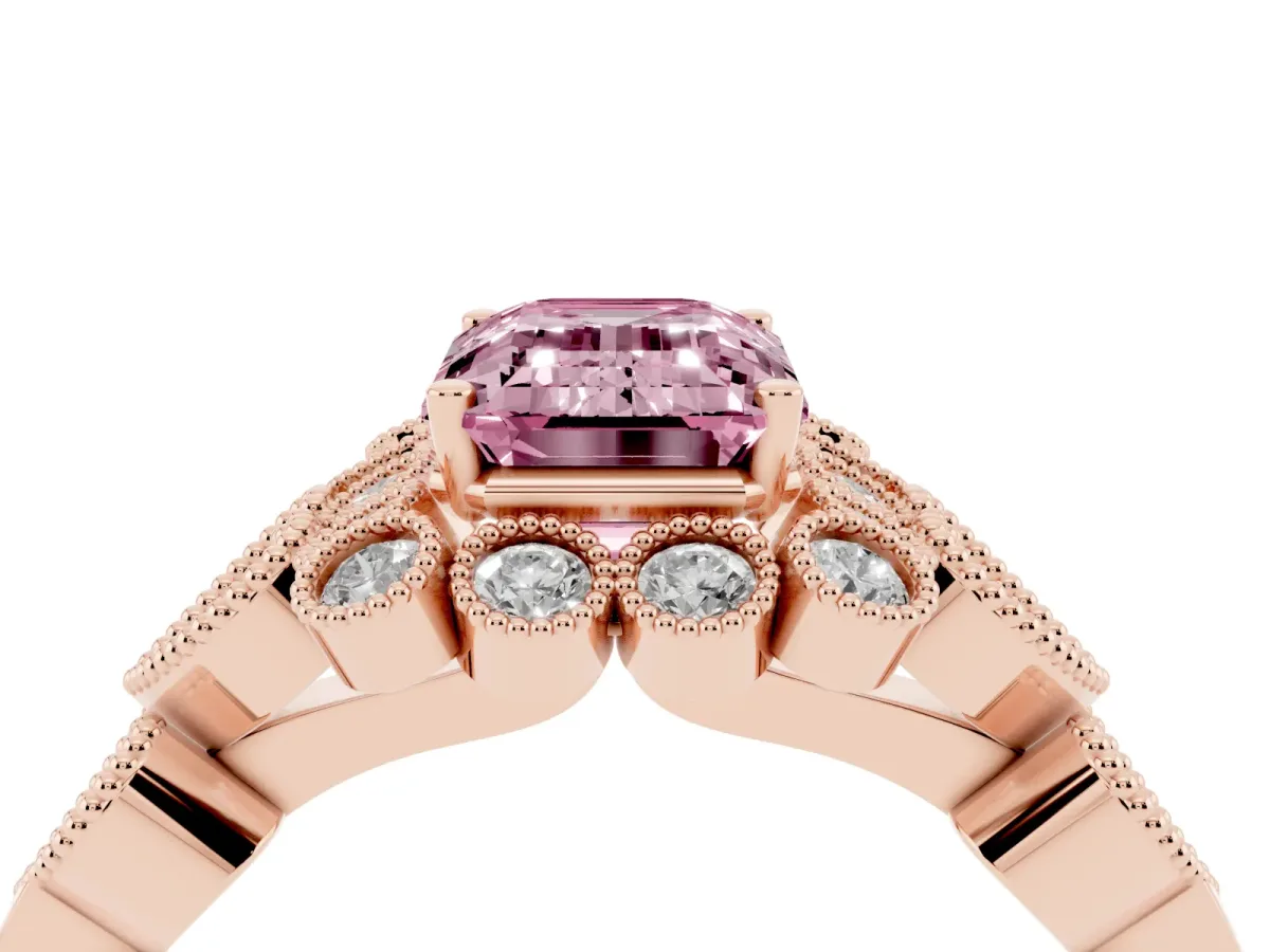 Fancy Pink Emerald Cut Brilliant Milgrain Pave Heart Band Solitaire Ring Rose gold