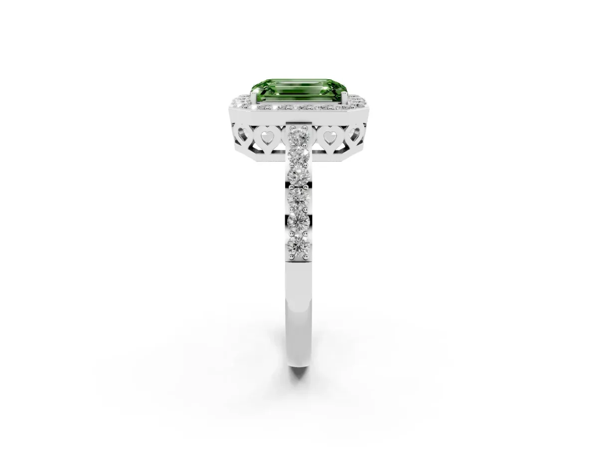 Fancy Green Emerald Cut Halo Diamond Pavé Band Ring with Prong Setting Silver