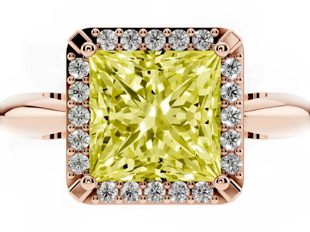 Fancy Yellow Princess Cut Cut Diamond Halo Engagement Ring with Split Shank and Four-Prong Setting Rose gold
