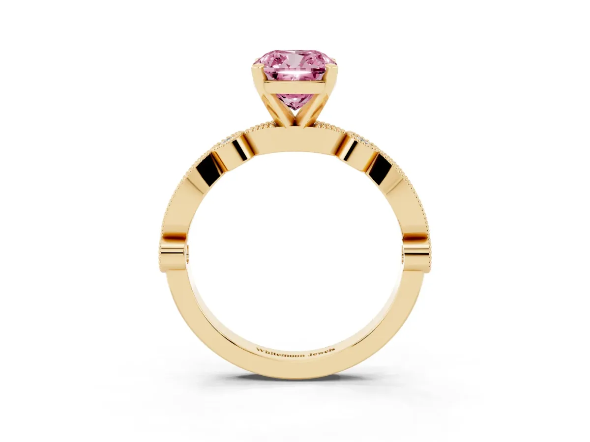 Fancy Pink Cushion Cut Milgrain Bezel Diamond Engagement Ring with Solitaire Prong Setting Yellow gold