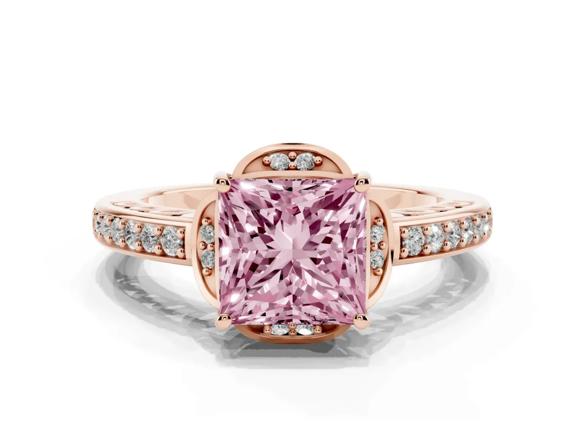 Fancy Pink Princess Cut Cut Halo Diamond Ring with Channel Set Band and Four-Prong Setting Rose gold