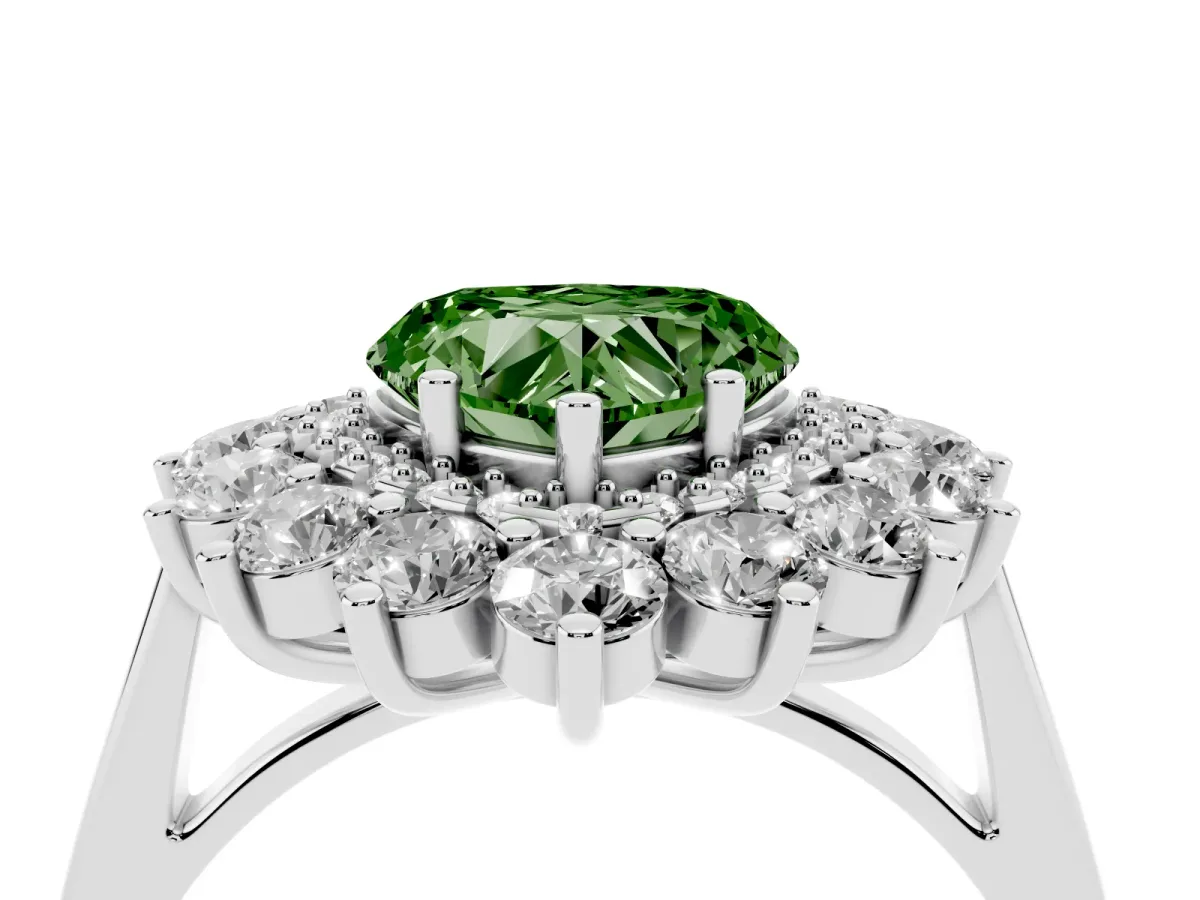 Fancy Green Heart Cut Diamond Floral Double Halo Engagement Ring with Prong Setting Platinum
