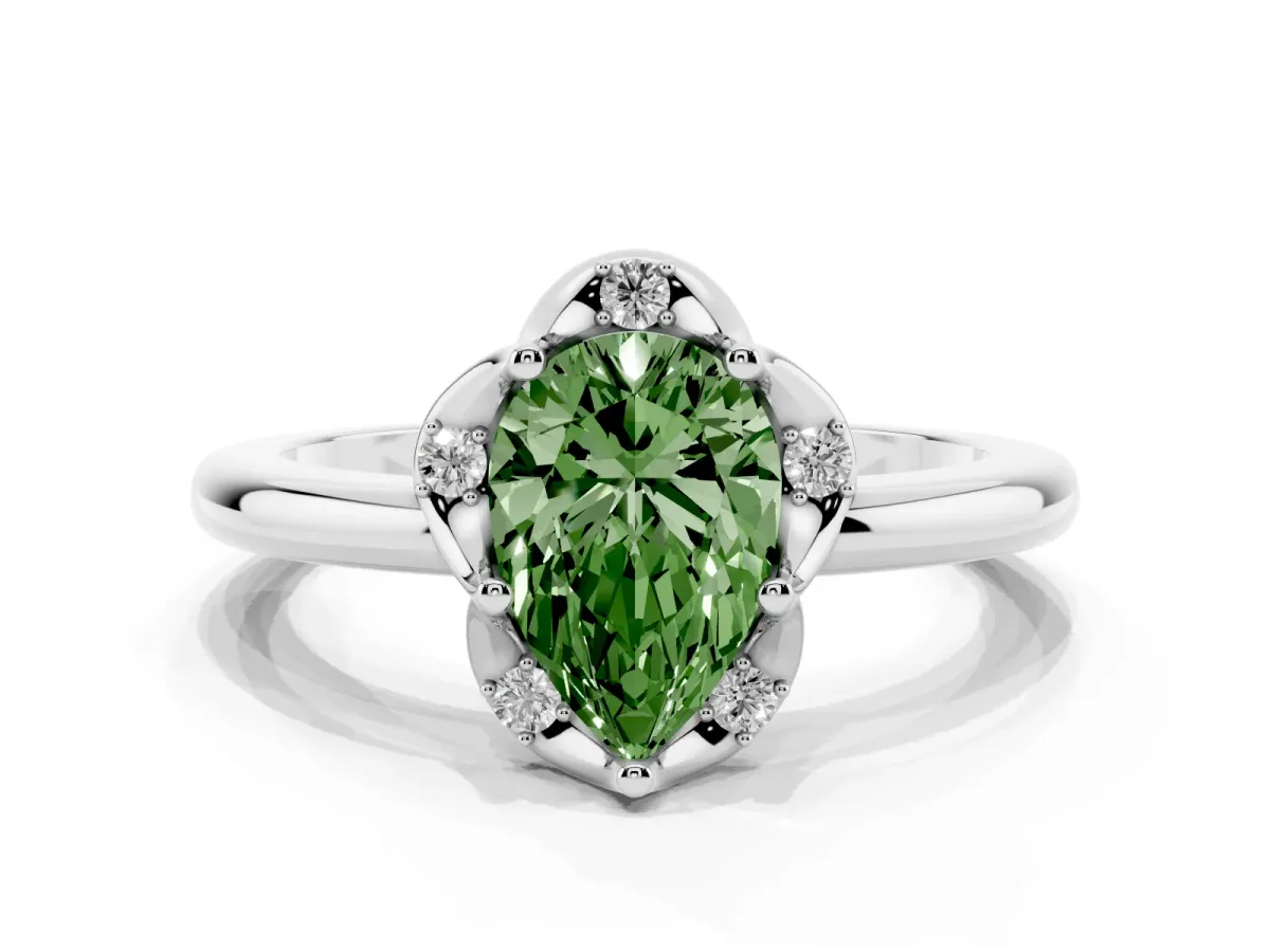 Fancy Green Pear Cut Halo Diamond Ring with Round Cluster Setting, Solitaire Band, and Four-Prong Setting Platinum