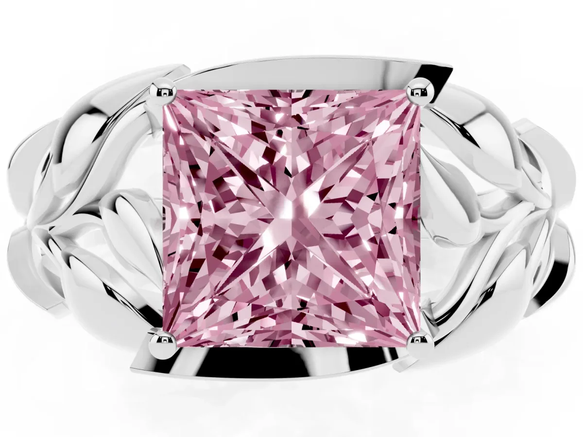 Fancy Pink Princess Cut Diamond Leaf-Inspired Engagement Ring with Round Accents and Prong Setting Platinum