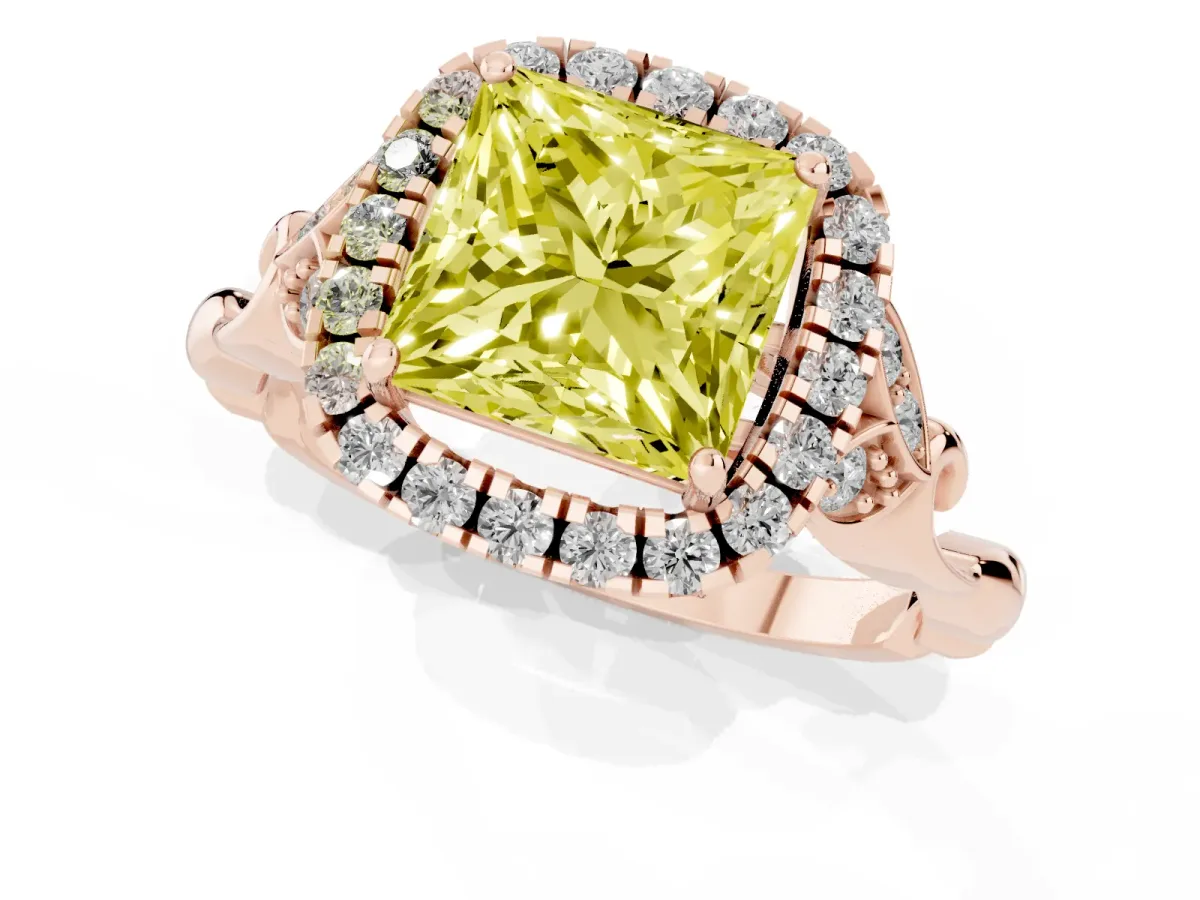 Fancy Yellow Princess Cut Halo Diamond Engagement Ring with Vintage-Inspired Band and Four-Prong Setting Rose gold