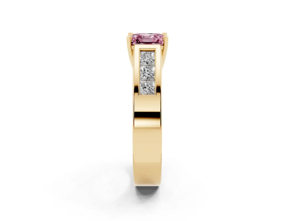 Fancy Pink Asscher Cut Cut Channel Set Solitaire Ring with Four-Prong Setting Yellow gold
