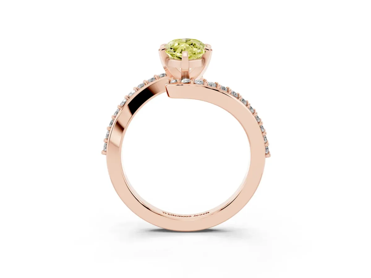 Fancy Yellow Marquise Cut Solitaire Twist Band with Pave Set Diamonds and Four-Prong Setting Rose gold