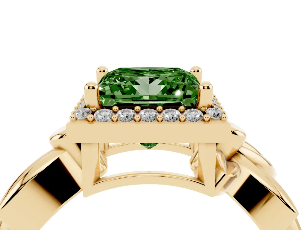 Fancy Green Princess Cut Halo Diamond Floral Band with Four-Prong Setting Yellow gold