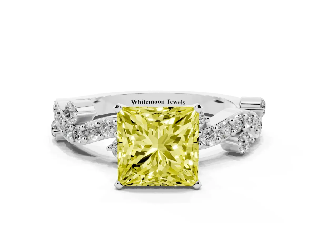 Fancy Yellow Princess Cut Cut Solitaire Diamond Twisted Band with Pave Setting Platinum