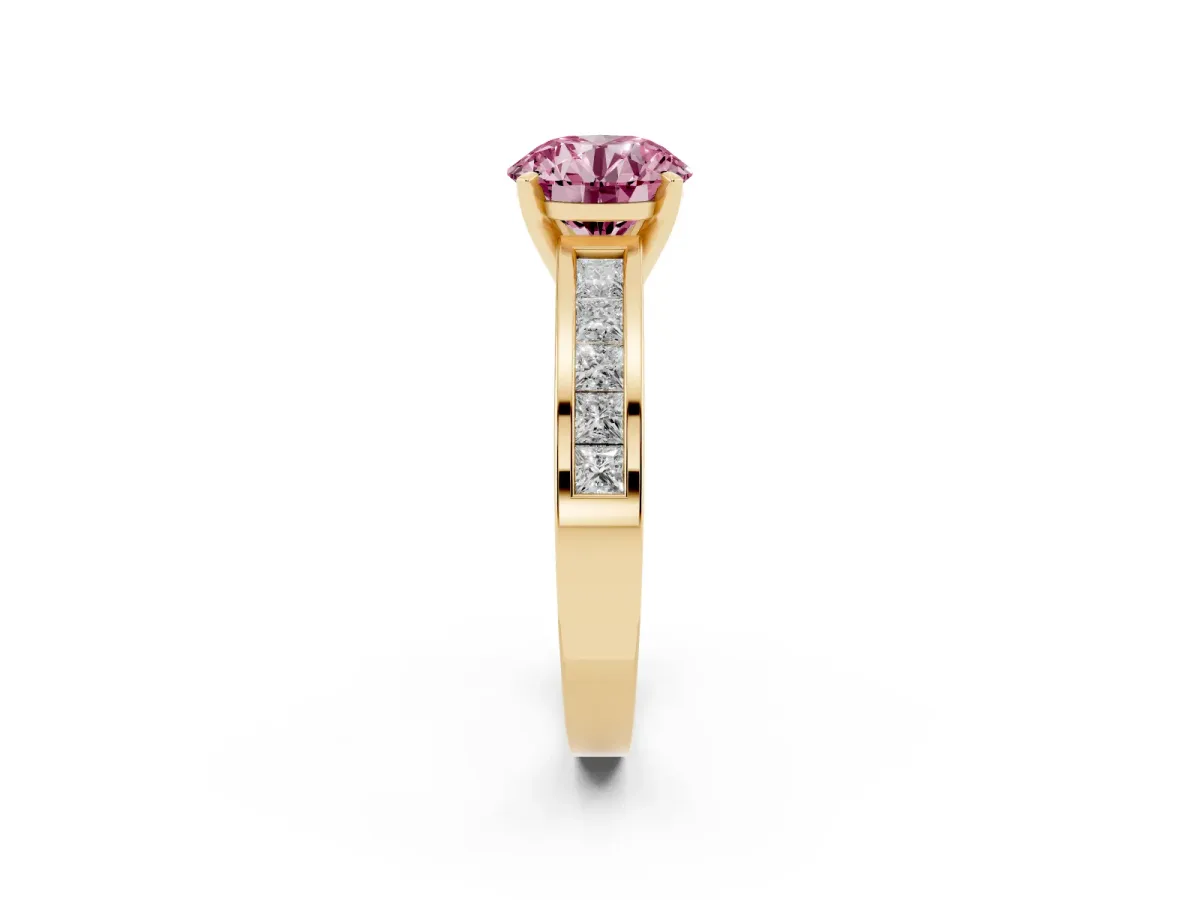 Fancy Pink Round Cut Solitaire Diamond Ring with Channel-Set Band and Four-Prong Setting Yellow gold