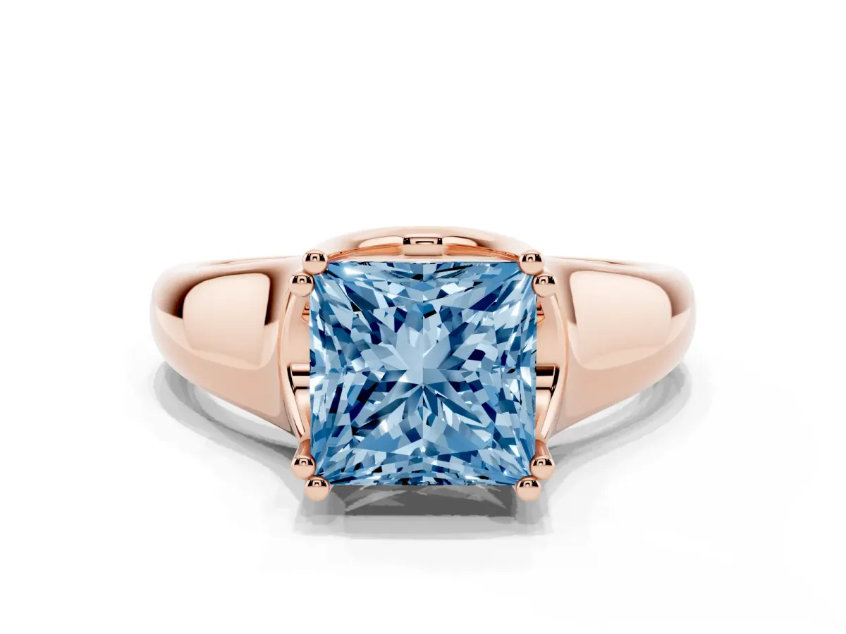 Fancy Blue Princess Cut Diamond Solitaire Ring with Wide Band and Prong Setting Rose gold