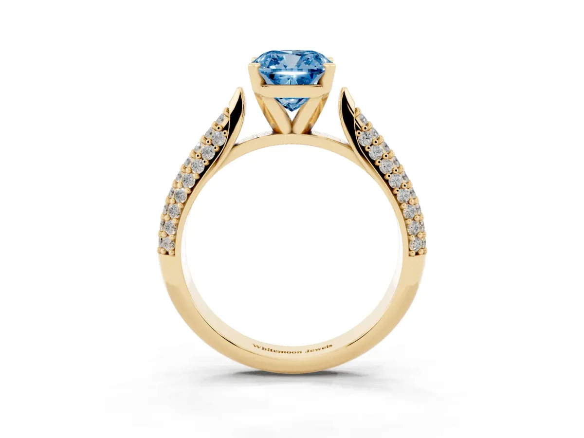 Fancy Blue Cushion Cut Diamond Solitaire Engagement Ring with Multi-Row Round Pavé Band and Prong Setting Yellow gold