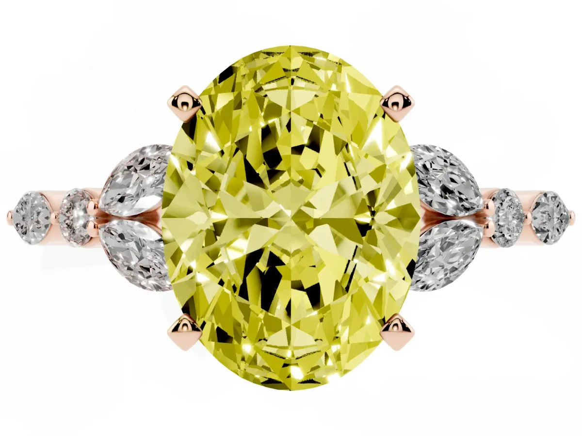 Fancy Yellow Oval Cut Diamond Solitaire Ring with Side Stones and Four-Prong Setting Rose gold