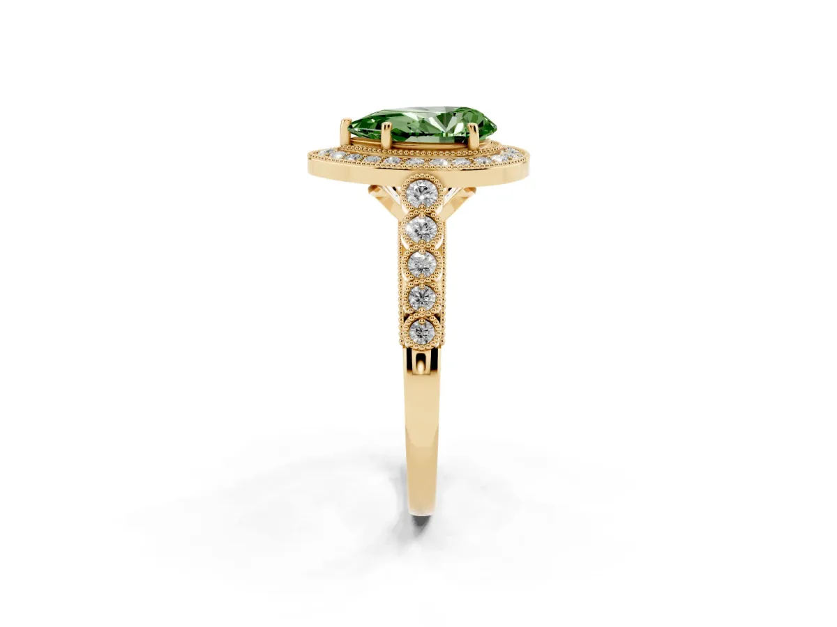 Fancy Green Pear Cut Halo Milgrain Solitaire with Bezel Set Side Stones and Pave Band Yellow gold