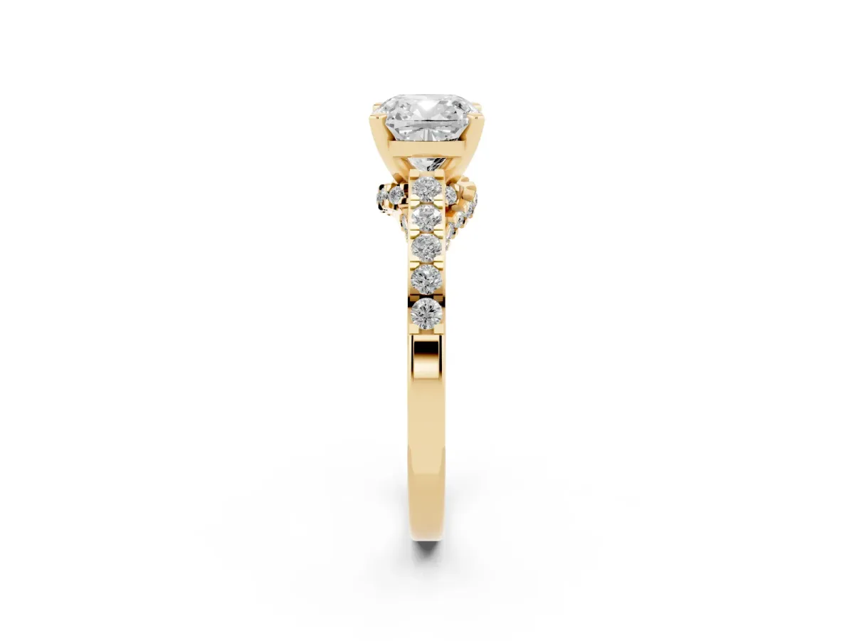 Cushion Cut Diamond Solitaire Ring with Crossover Gallery and Round Pavé Band Yellow gold