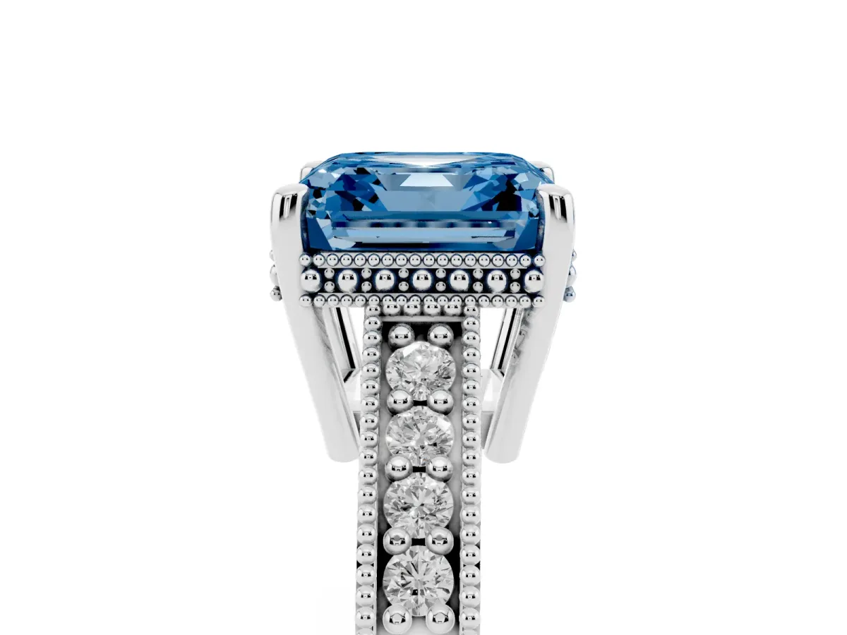 Fancy Blue Asscher Cut Solitaire Pavé Diamond Milgrain Engagement Ring with Four-Prong Setting Silver