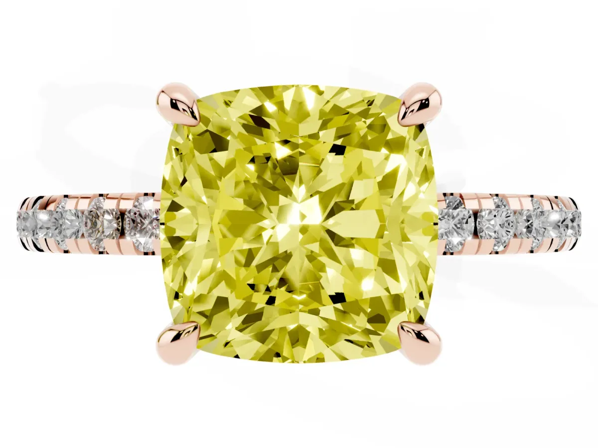 Fancy Yellow Cushion Cut Diamond Brilliant Solitaire Ring with Pavé Band and Four-Prong Setting Rose gold