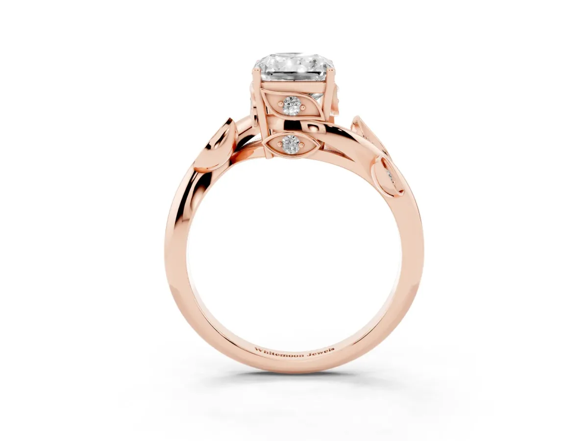 Radiant Cut Solitaire Twist Engagement Ring with Leaf Accents and Prong Setting Rose gold