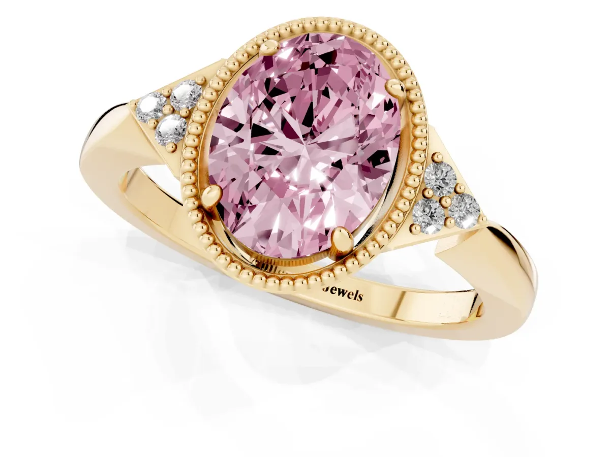 Fancy Pink Hexagonal Halo Oval Cut Diamond Solitaire with Pavé Band and Four-Prong Setting Yellow gold