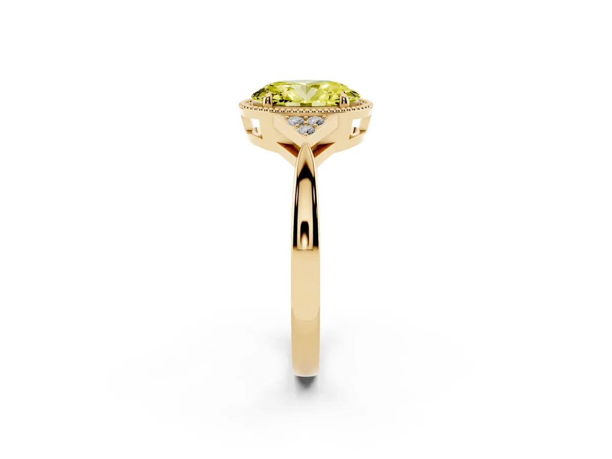 Fancy Yellow Oval Cut Diamond Halo Ring with Tapered Band and Four-Prong Setting Yellow gold