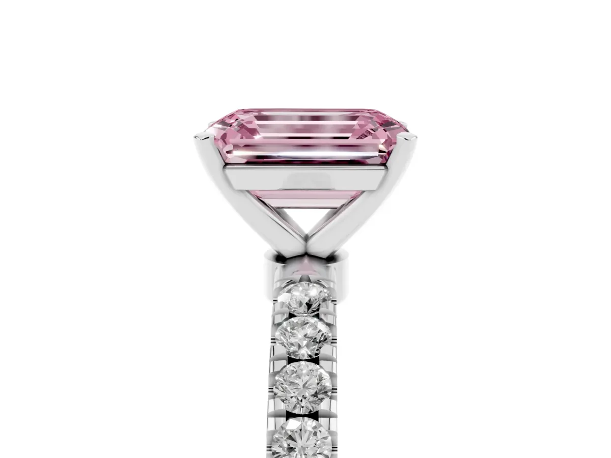 Fancy Pink Emerald Cut Diamond Solitaire Ring with Pavé Accents and Four-Prong Setting Platinum