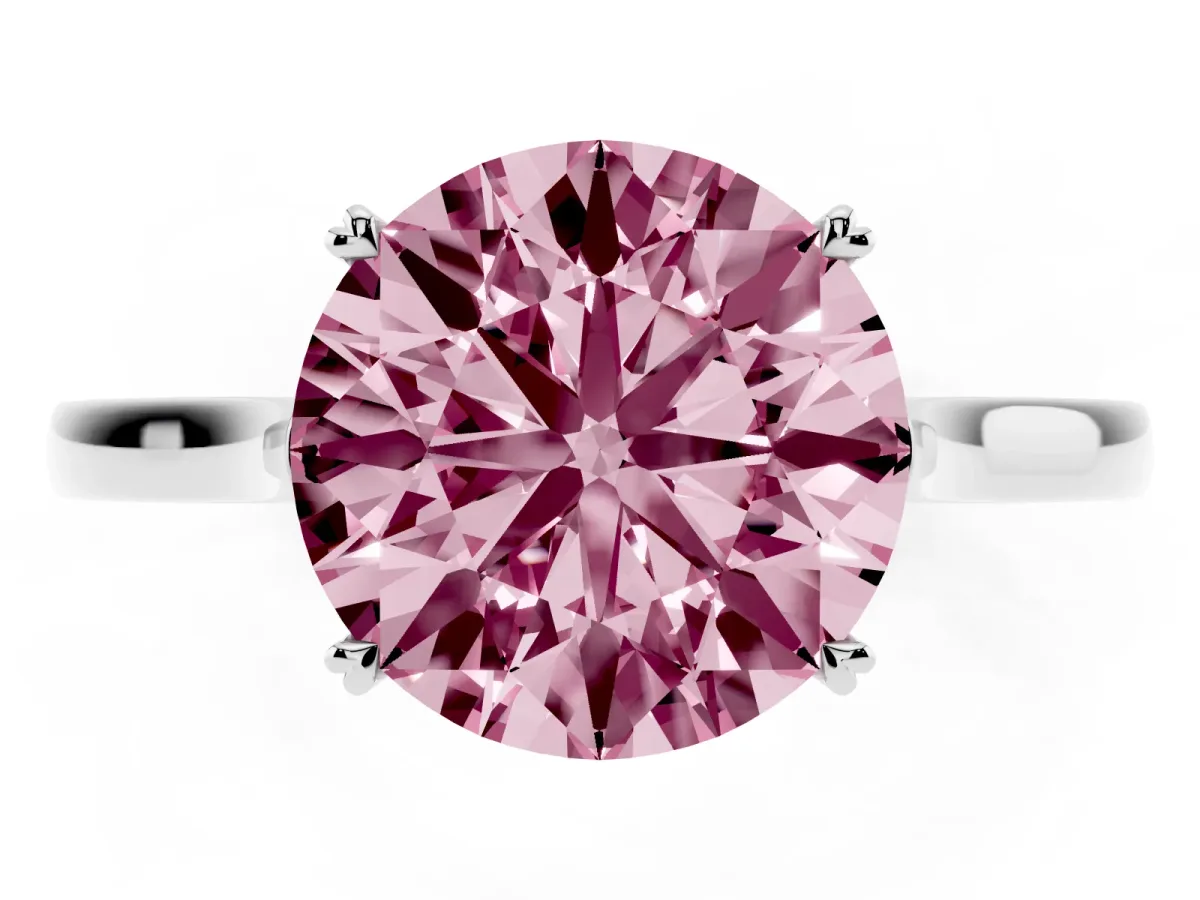 Fancy Pink Round Cut Solitaire Heart Prong Engagement Ring with Tapered Band White gold