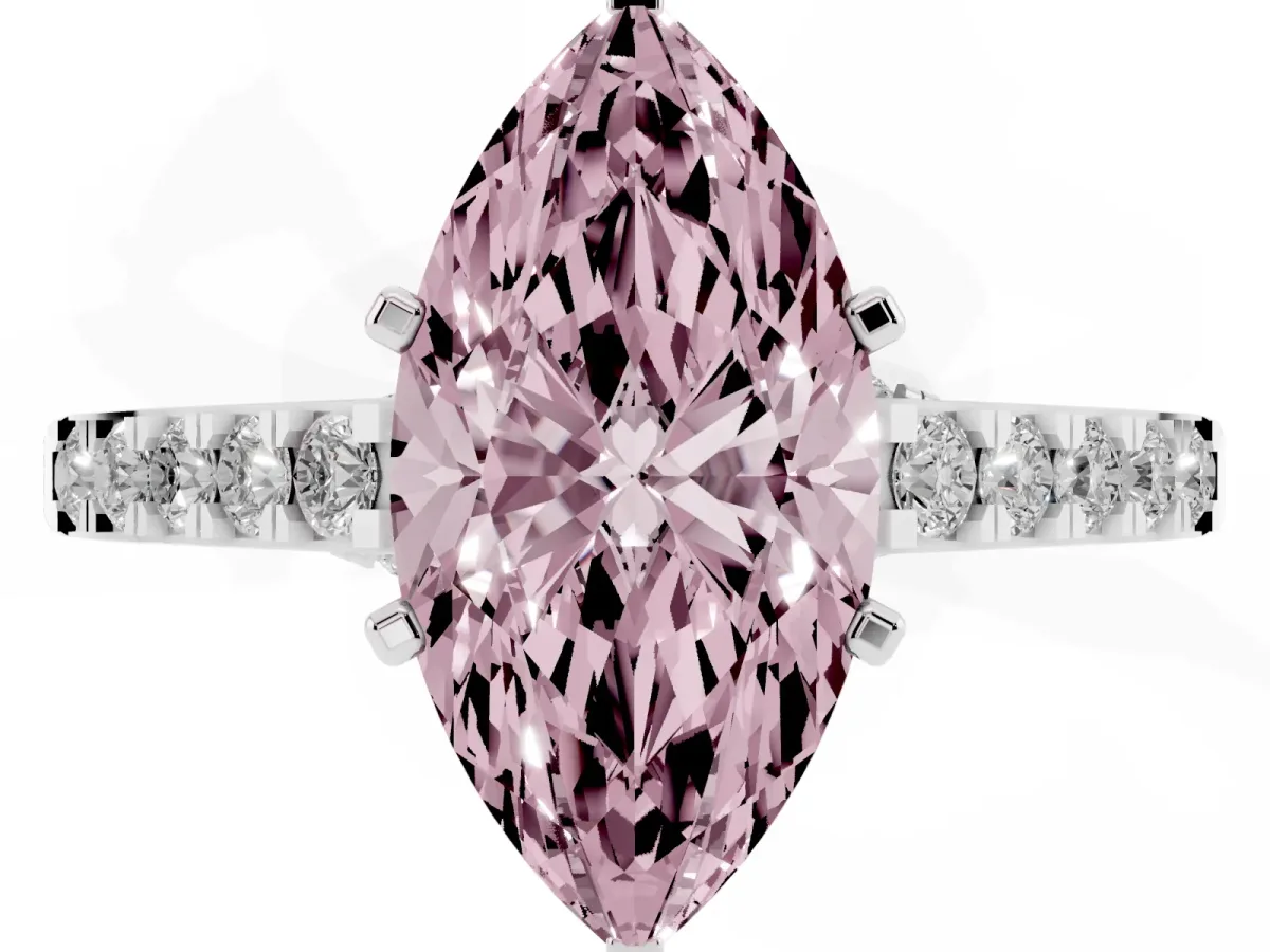 Fancy Pink Marquise Cut Diamond Solitaire Ring with Crossover Gallery and Round Pavé Band Platinum
