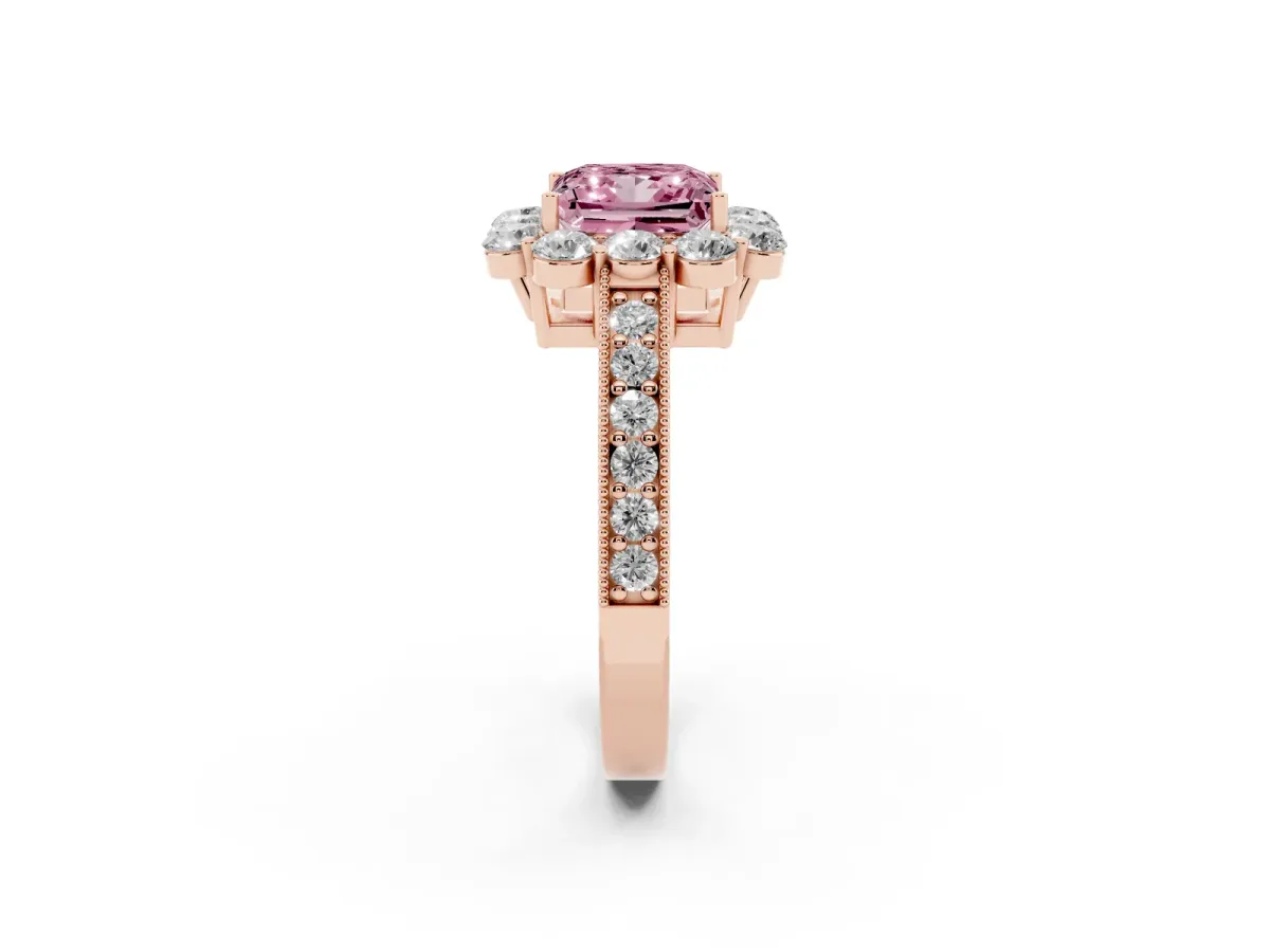 Fancy Pink Princess Cut Cut Halo Diamond Pavé Engagement Ring with Milgrain Detailing Rose gold
