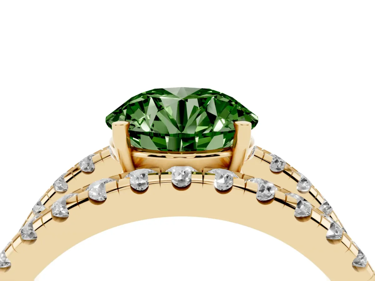 Fancy Green Round Cut Solitaire Split Shank Pave Diamond Ring Yellow gold