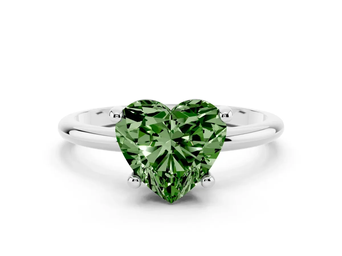 Fancy Green Heart Cut Solitaire Diamond Ring with 4-Prong Setting on a Classic Band Silver