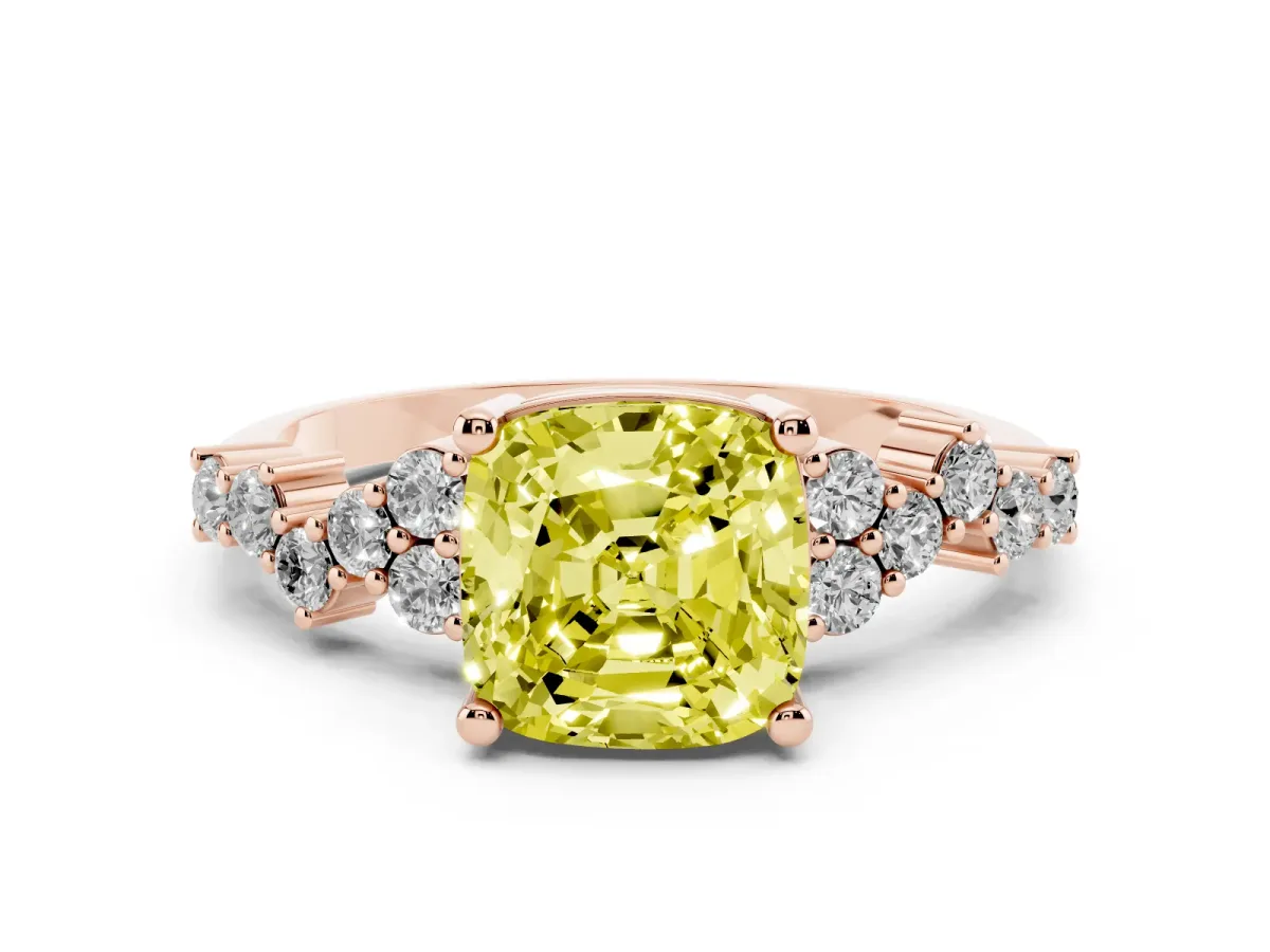 Fancy Yellow Cushion Cut Diamond Scattered Round Accent Ring with Prong Setting Rose gold