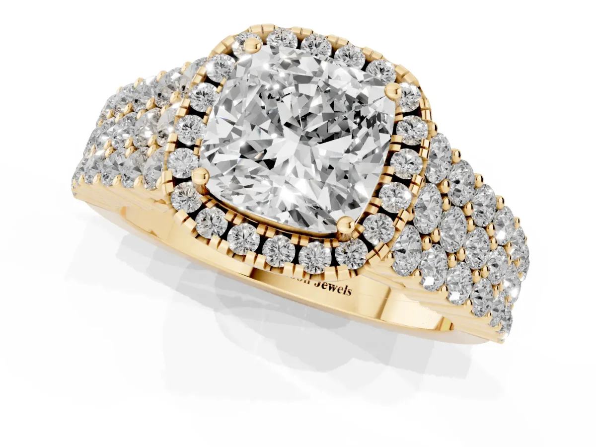 Cushion Cut Diamond Halo Engagement Ring with Triple Row Round Pavé Band and Prong Setting Yellow gold