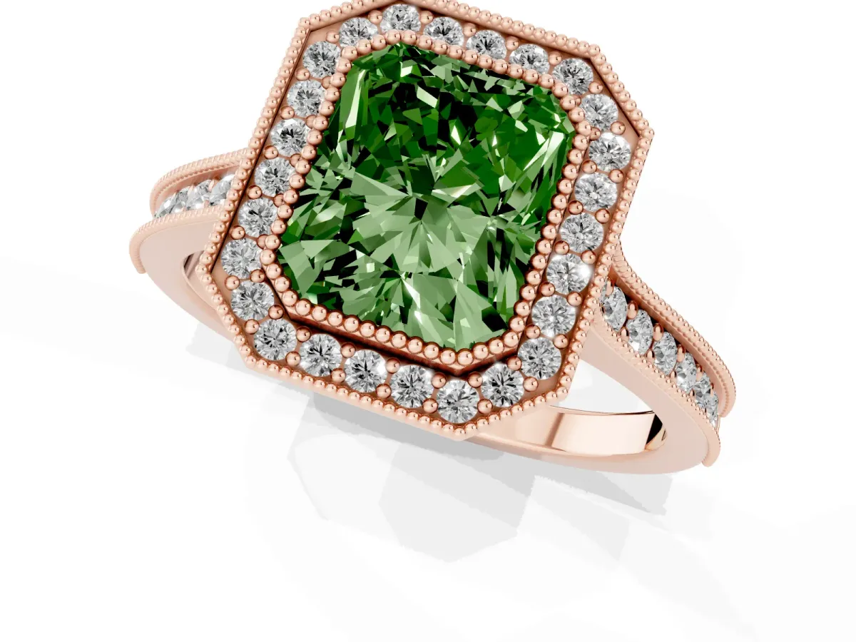 Fancy Green Halo Radiant Cut-Cut Diamond Pave Band Milgrain Prong Setting Ring Rose gold